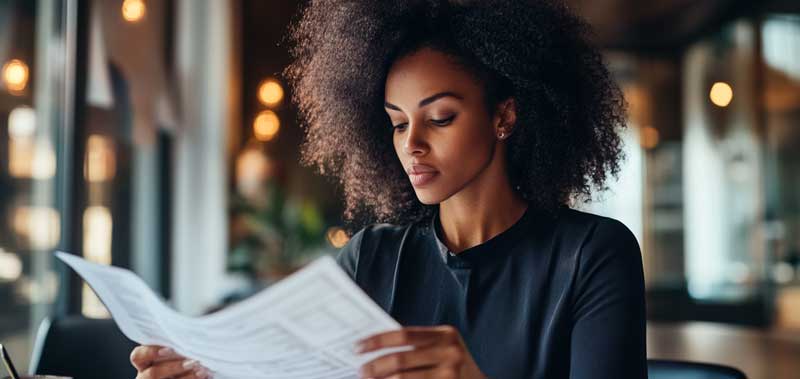 a woman looking at financial statement=sm